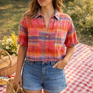 Sanctuary Plaid Cotton Cropped Shirt Medium Pink Purple Dopamine Picnic Top